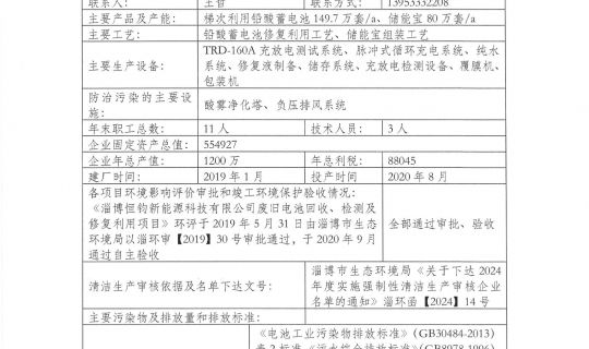 淄博恒钧新能源科技有限公司《实施清洁生产审核重点企业信息简表》
